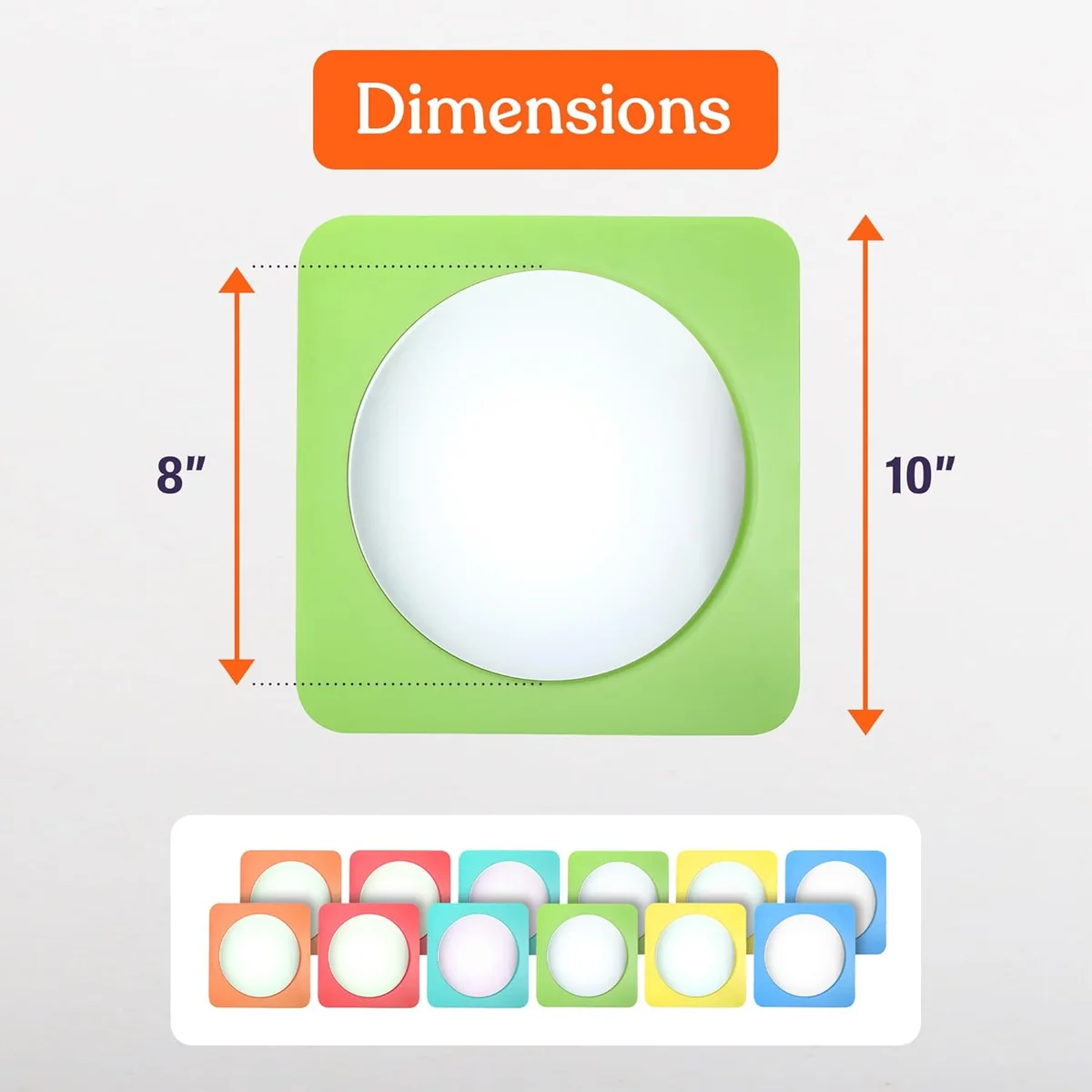 mirror is 8" diameter on 10" square base with rounded corners