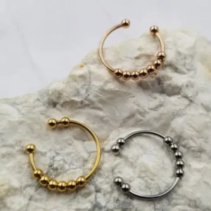 3 C shaped rings with small beads attached, rose gold, gold and silver