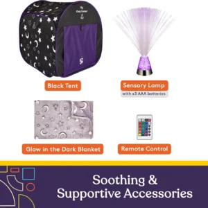 includes black tent, sensory lamp, glow in the dark blanket and remote control