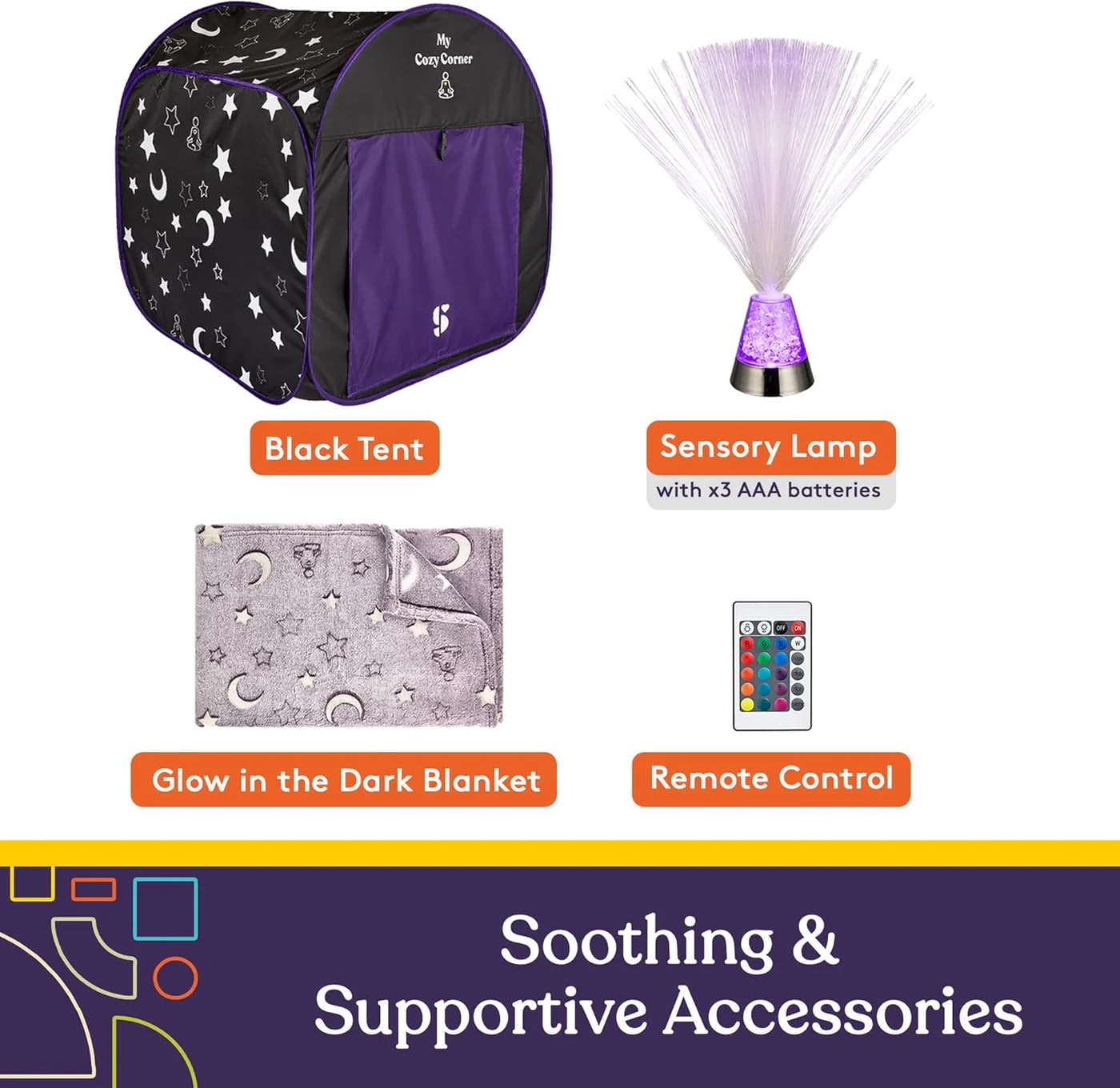 includes black tent, sensory lamp, glow in the dark blanket and remote control
