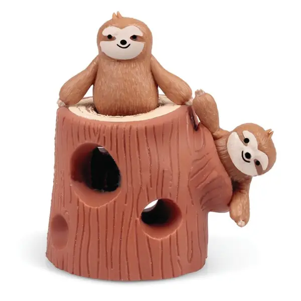 two sloths peeking out of holes in a tree trunk