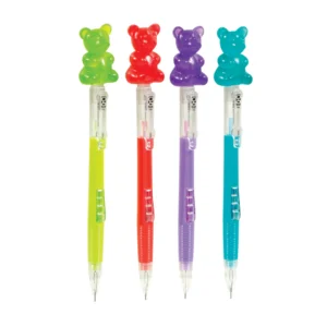 mechanical pencils in lime green, red, purple and teal with a gummy bear topper