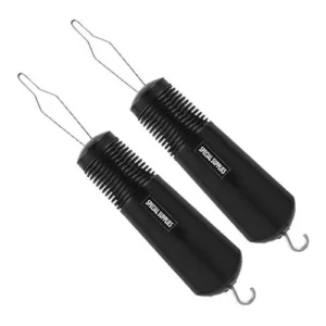 two button hooks with a black handle and wire loop at the top and metal hook at the bottom