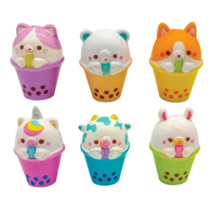 6 different designs of animals coming out of boba tea cups sipping on straws