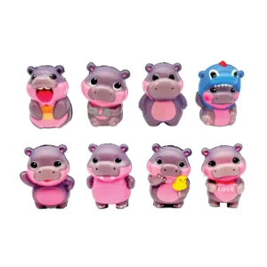 hippo shaped purple and pink squish toys in a variety of poses