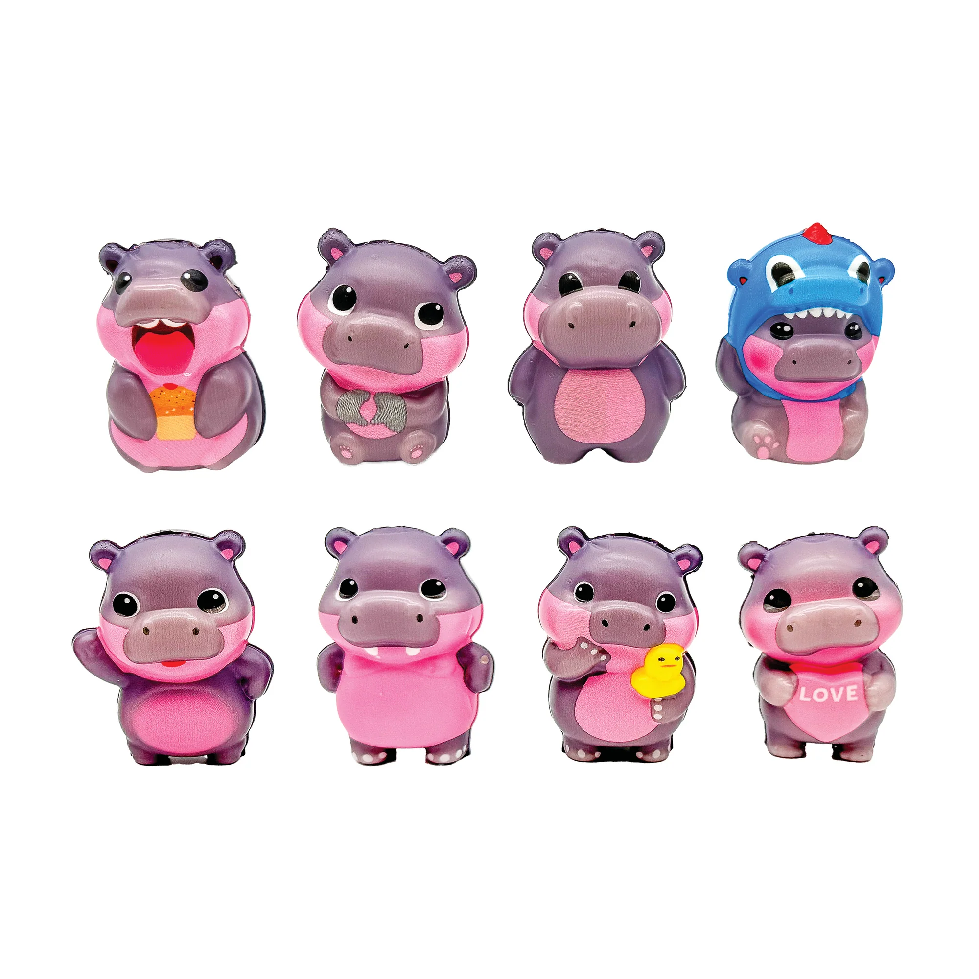 hippo shaped purple and pink squish toys in a variety of poses