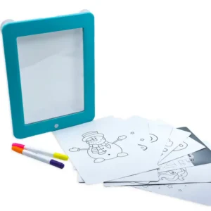 blue framed white board with markers and sheets of papers with black and white drawings on them