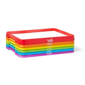 stack of 6 trays with handle grooves in red, orange, yellow, green, blue and purple