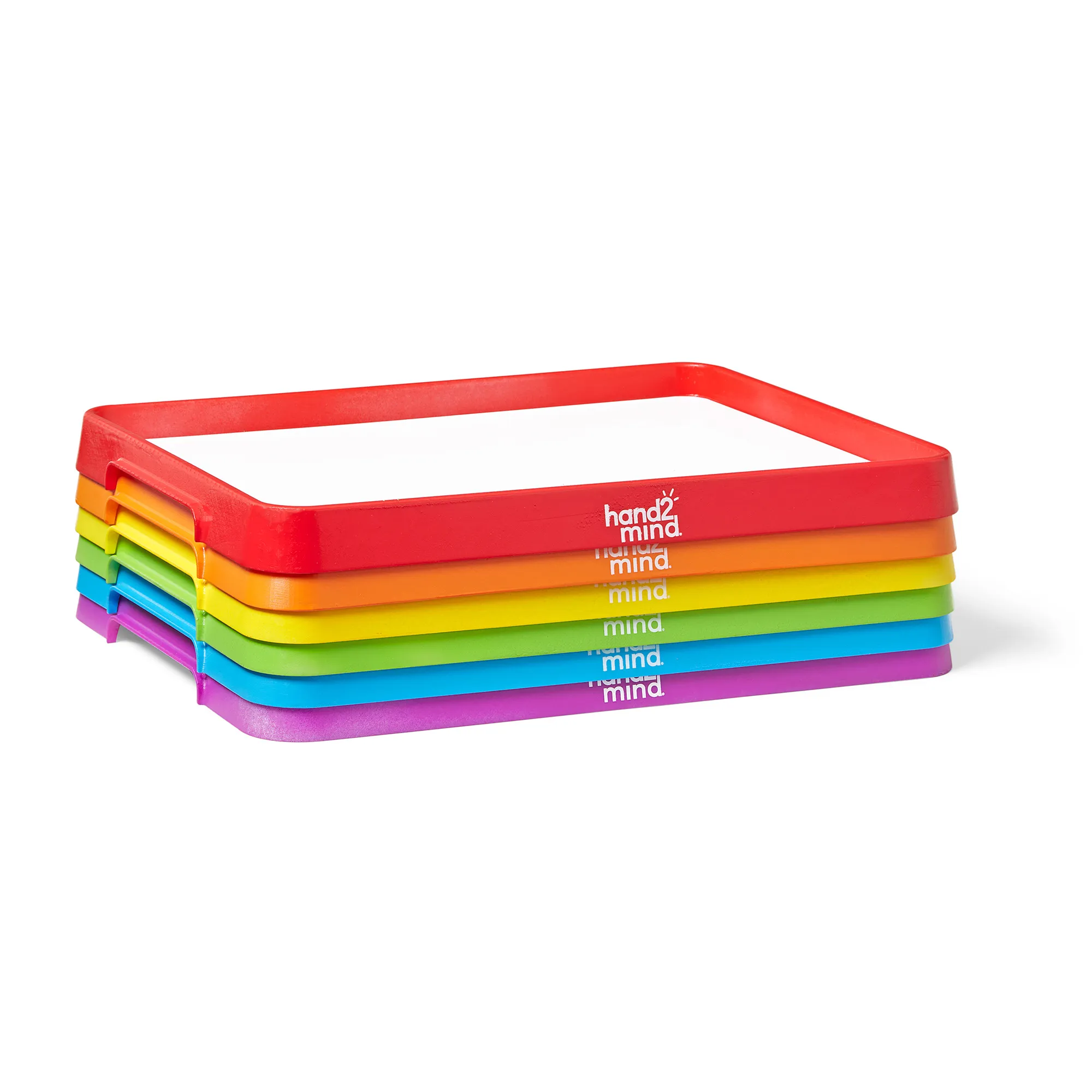 stack of 6 trays with handle grooves in red, orange, yellow, green, blue and purple