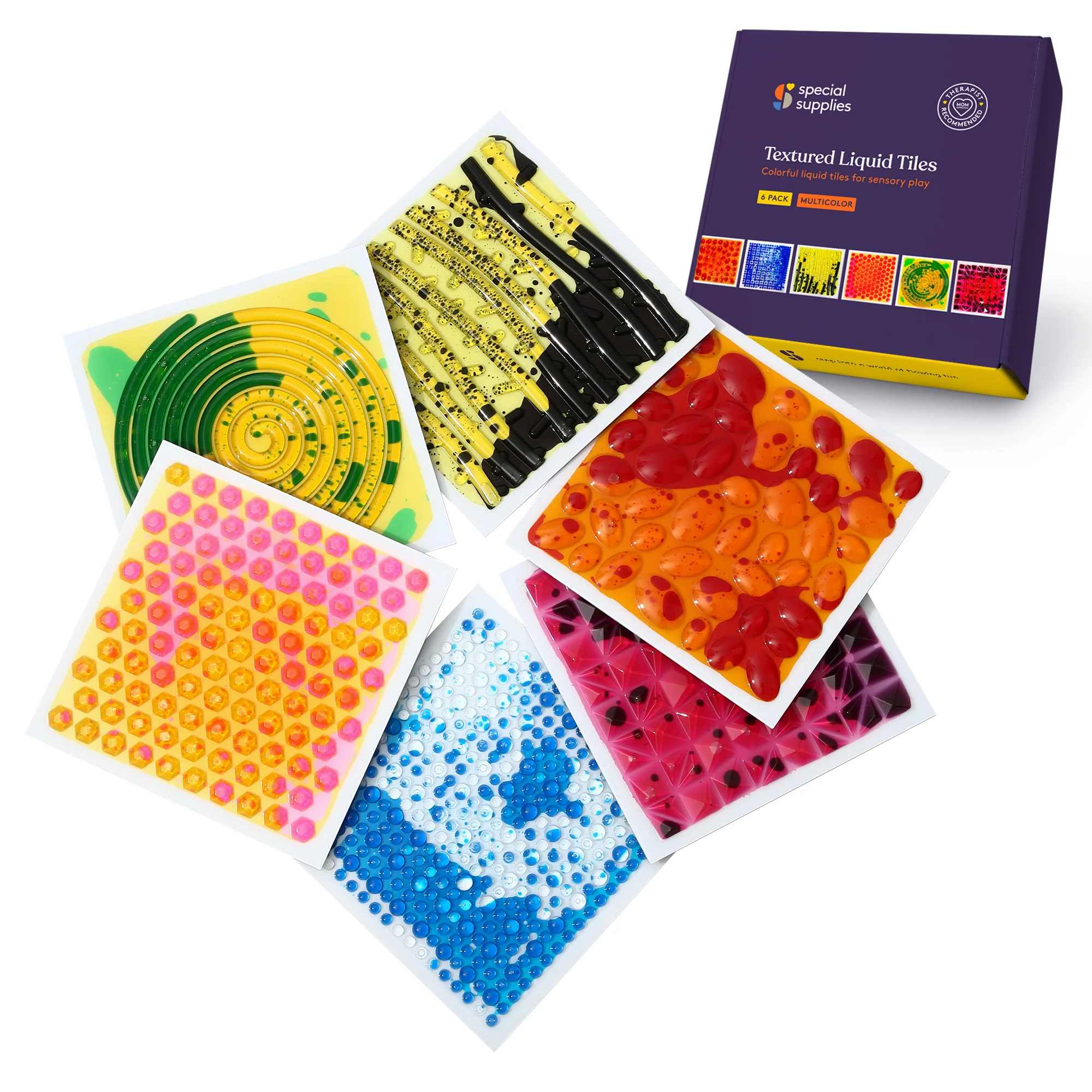 set of 6 tiles with different colored liquids and different textures