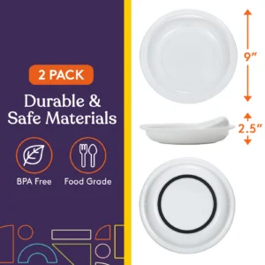 plates are 9" diameter and 2.5" high with a black non slip grip on the bottom.