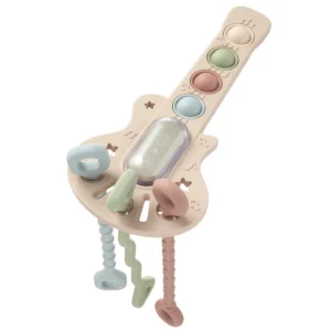 beige guitar shaped teether with pastel popper buttons and pulls