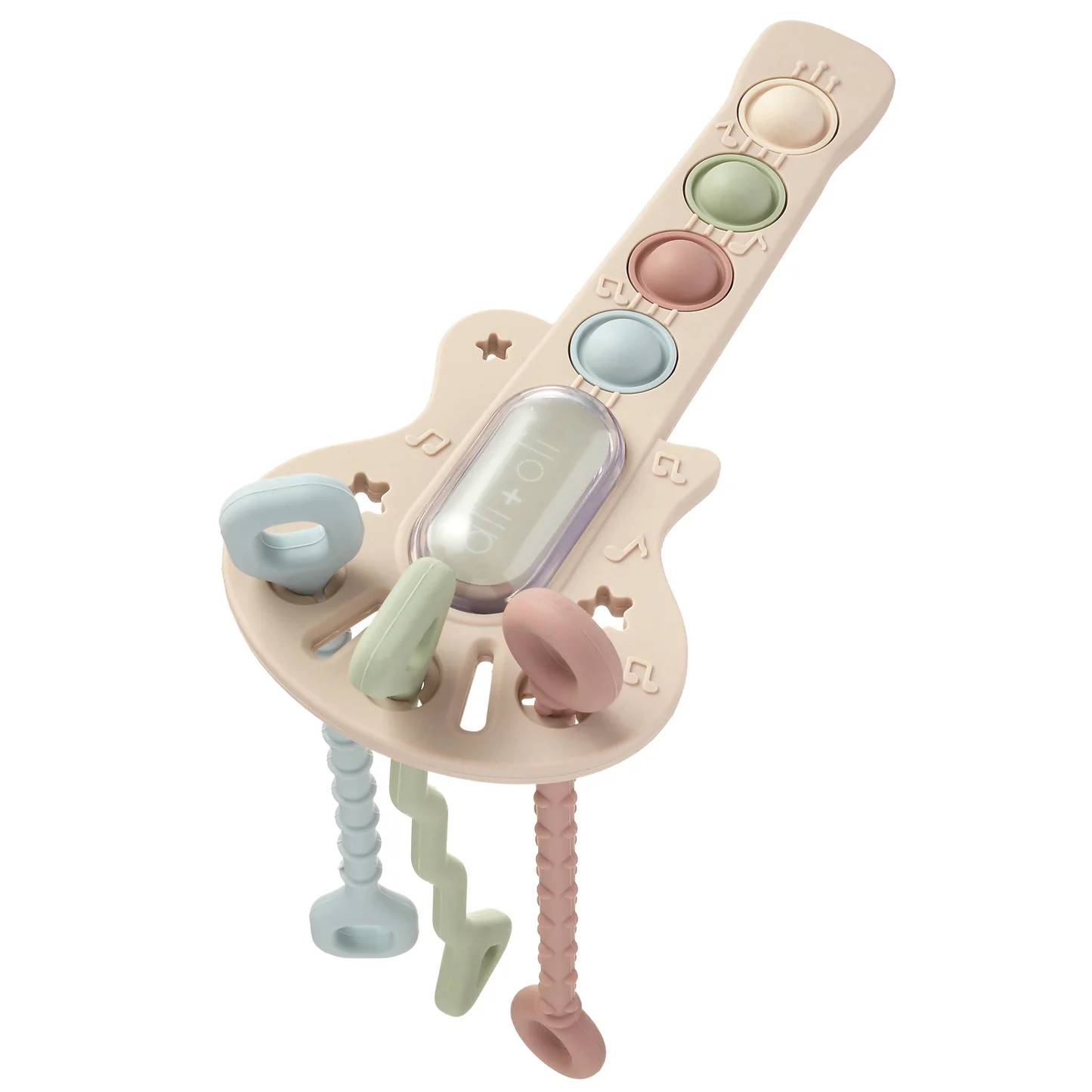 beige guitar shaped teether with pastel popper buttons and pulls