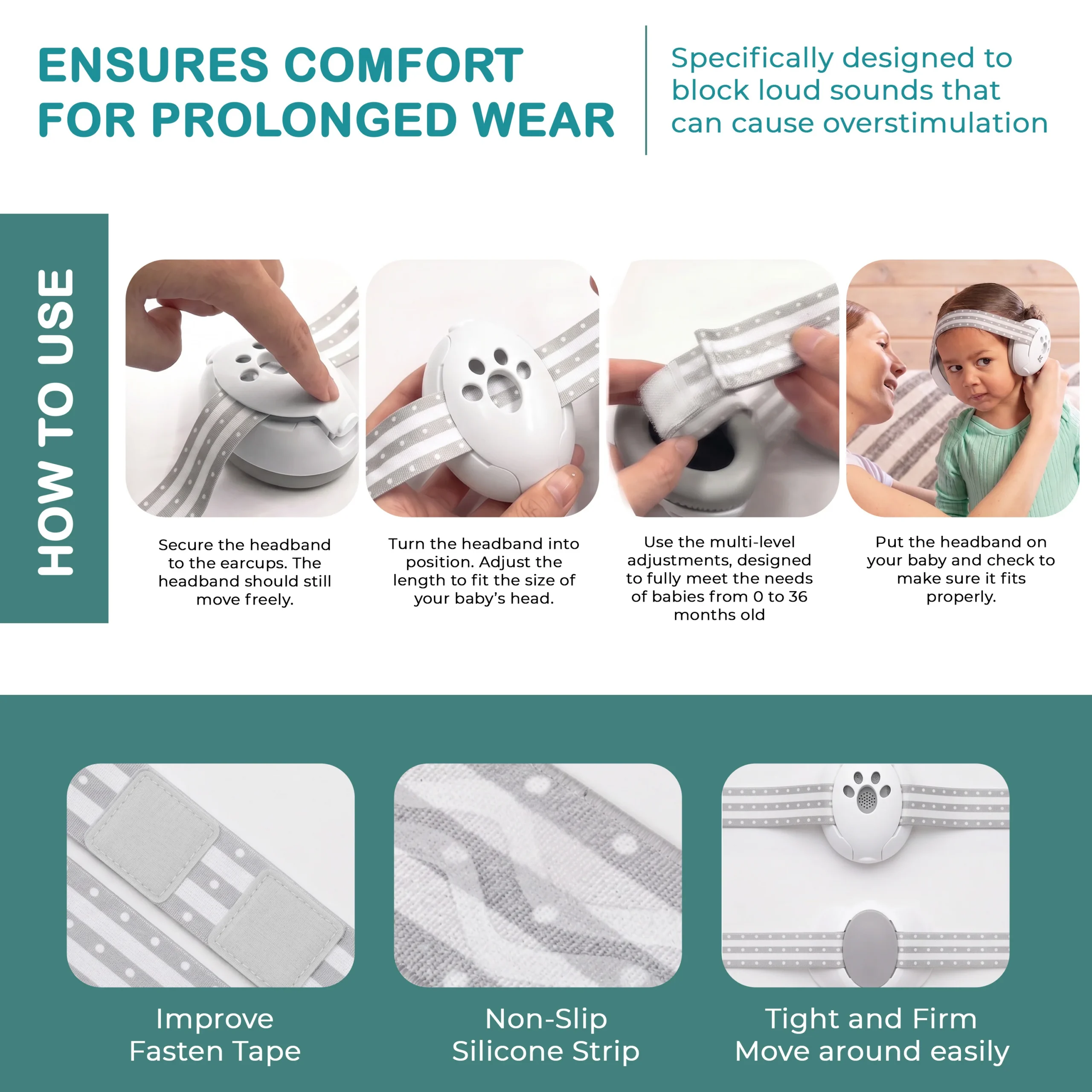 features of ear muffs include moveable earcaups, adjustable headband and nonslip silicone grip