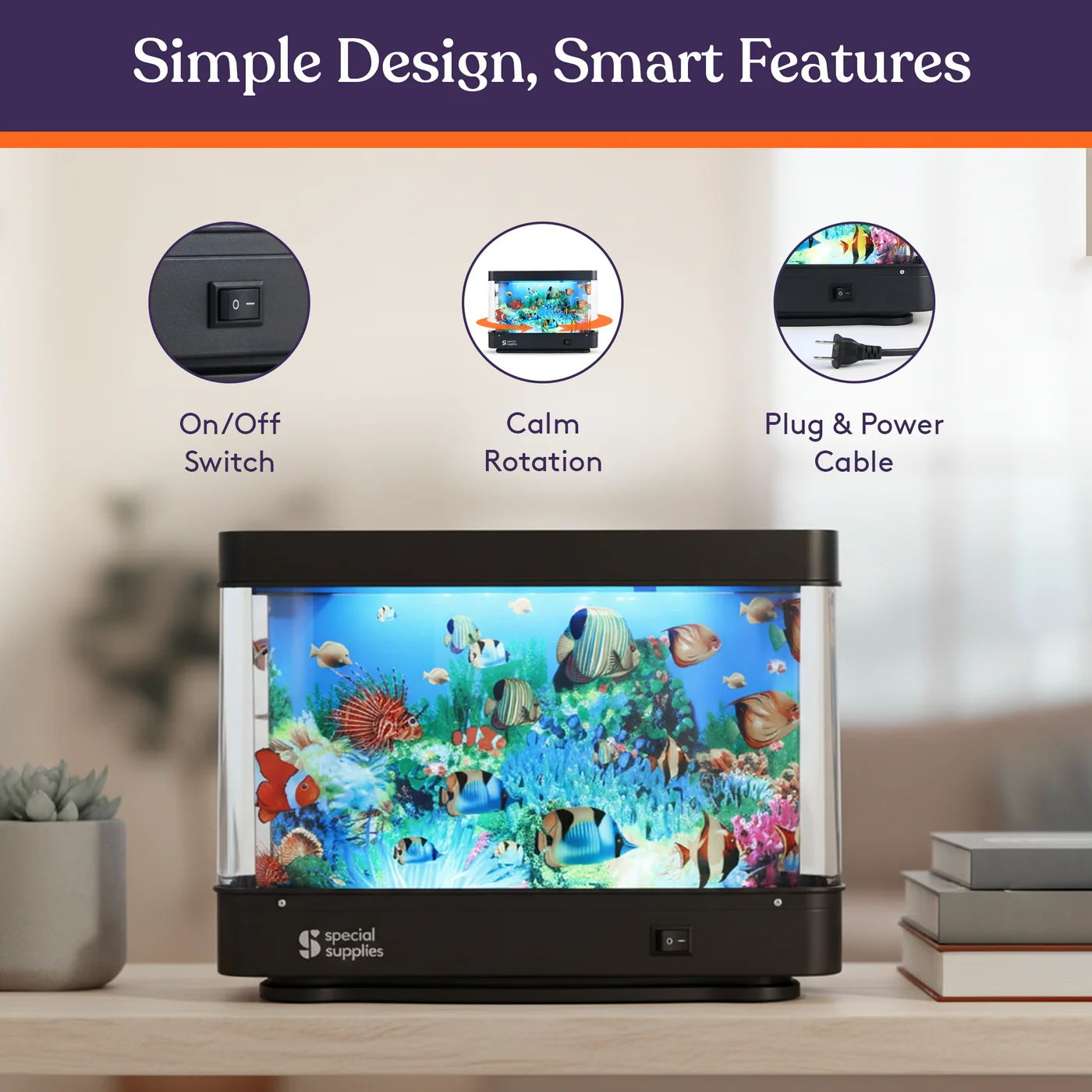 features an on/off switch, calm rotation and a plug and power cable