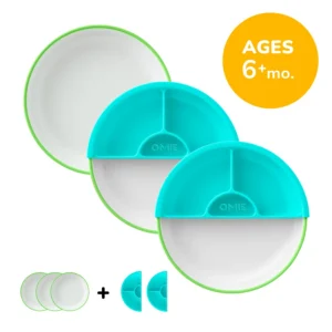 white plate with green rim and teal dividers