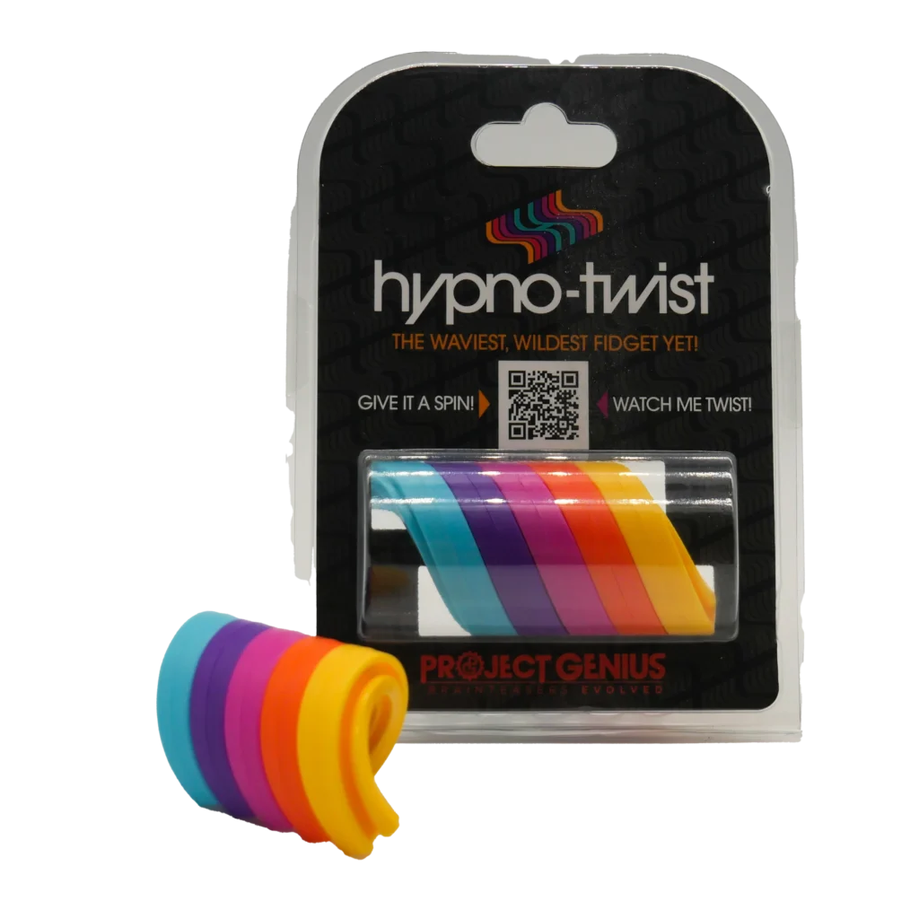 rainbow colored fidget in the shape of a twist