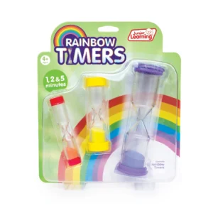 a red, yellow and purple sand timer in a plastic package