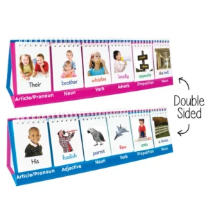 double sided flip cards show article, noun, verb, adverb, preposition and nouns