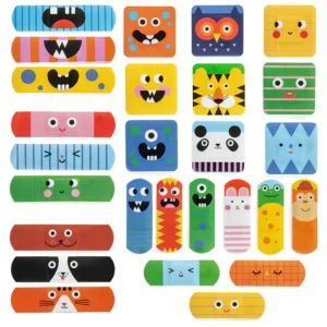 various bandages in square and regular bandage shapes in colorful monster prints