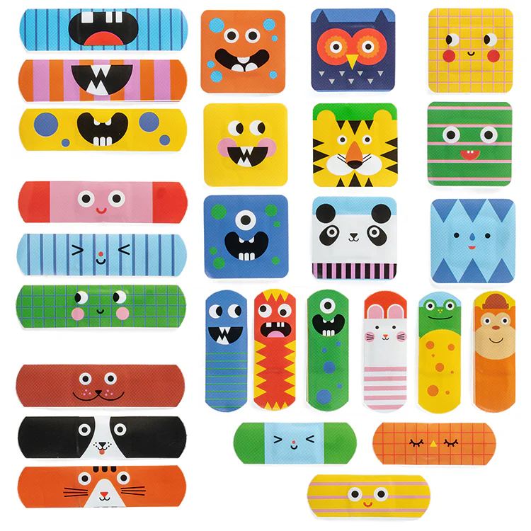 various bandages in square and regular bandage shapes in colorful monster prints