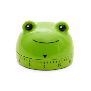 green timer that looks like a rounded frog head with black eyes and smile