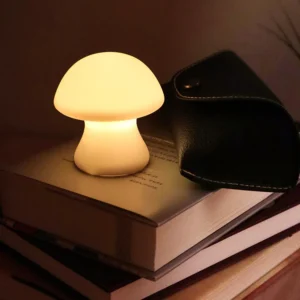 mushroom lamp is glowing on a nightstand