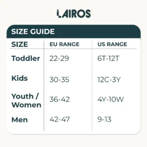 Size guide: todder is 6T-12T, Kids fits 12C-3Y, Youth/Women fits 4Y-10W and Men fits 9-13.