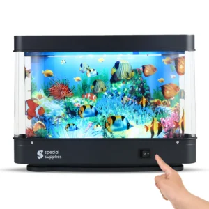 fish tank shaped photo of aquarium with a film of printed fish that rotate around the tank