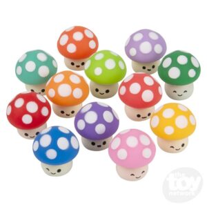 toadstool with colored caps and white spots with a white stem with smiley faces on them