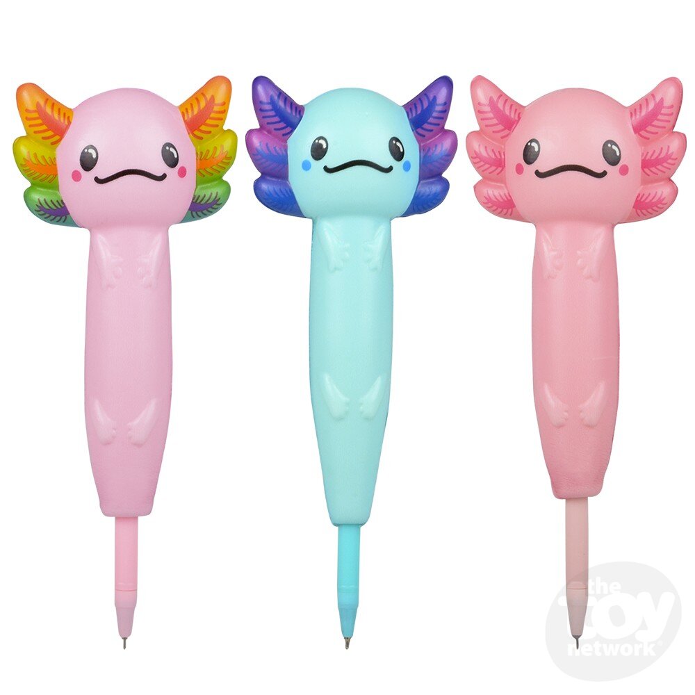 pens made of a squishy foam with axolotl heads. 3 colors - 2 different colors pink and blue