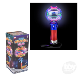 wand with blue and red and ball on top that spins with multi colored lights inside.