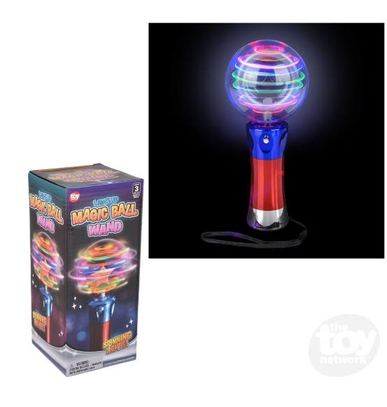 wand with blue and red and ball on top that spins with multi colored lights inside.