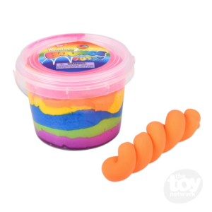 bucket of putty in different colors with orange putty twisted into a twist