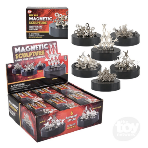 6 different black magnetic bases with silver pieces in various shapes like balls, people and nuts