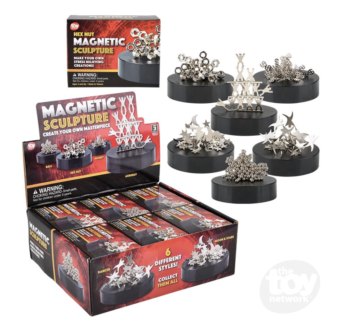 6 different black magnetic bases with silver pieces in various shapes like balls, people and nuts
