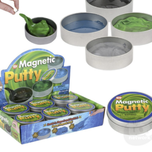 silver containers of putty in different colors with a hand with a metal piece showing its magnetism
