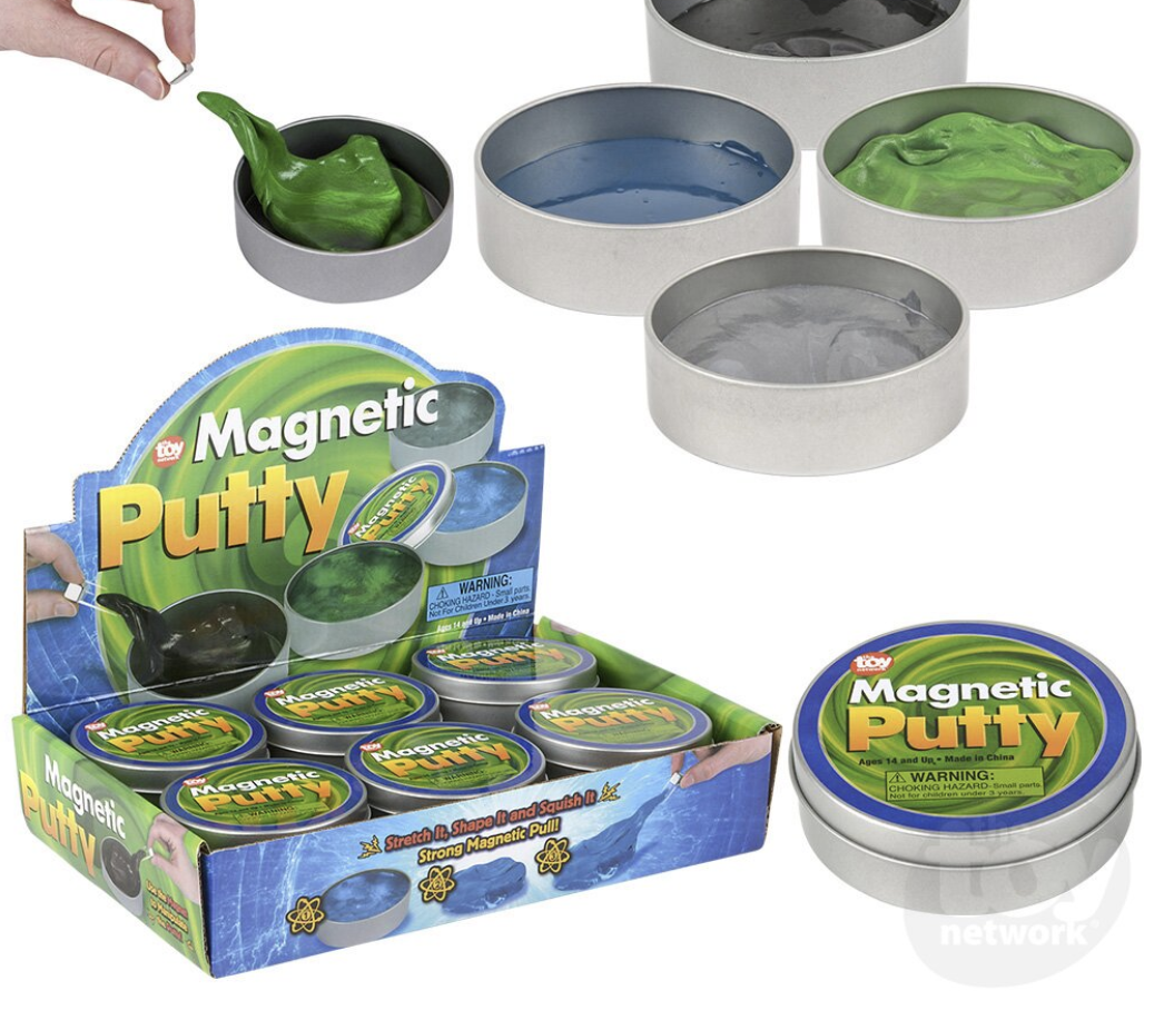 silver containers of putty in different colors with a hand with a metal piece showing its magnetism