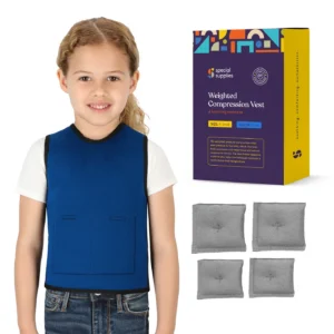girl wearing blue vest that features a high neck and pockets to place 4 different weights.
