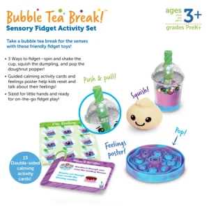 3 ways to fidget - spin and shake the cup, squish the dumpling and pop the doughnut popper. includes calming activity cards and feeling poster