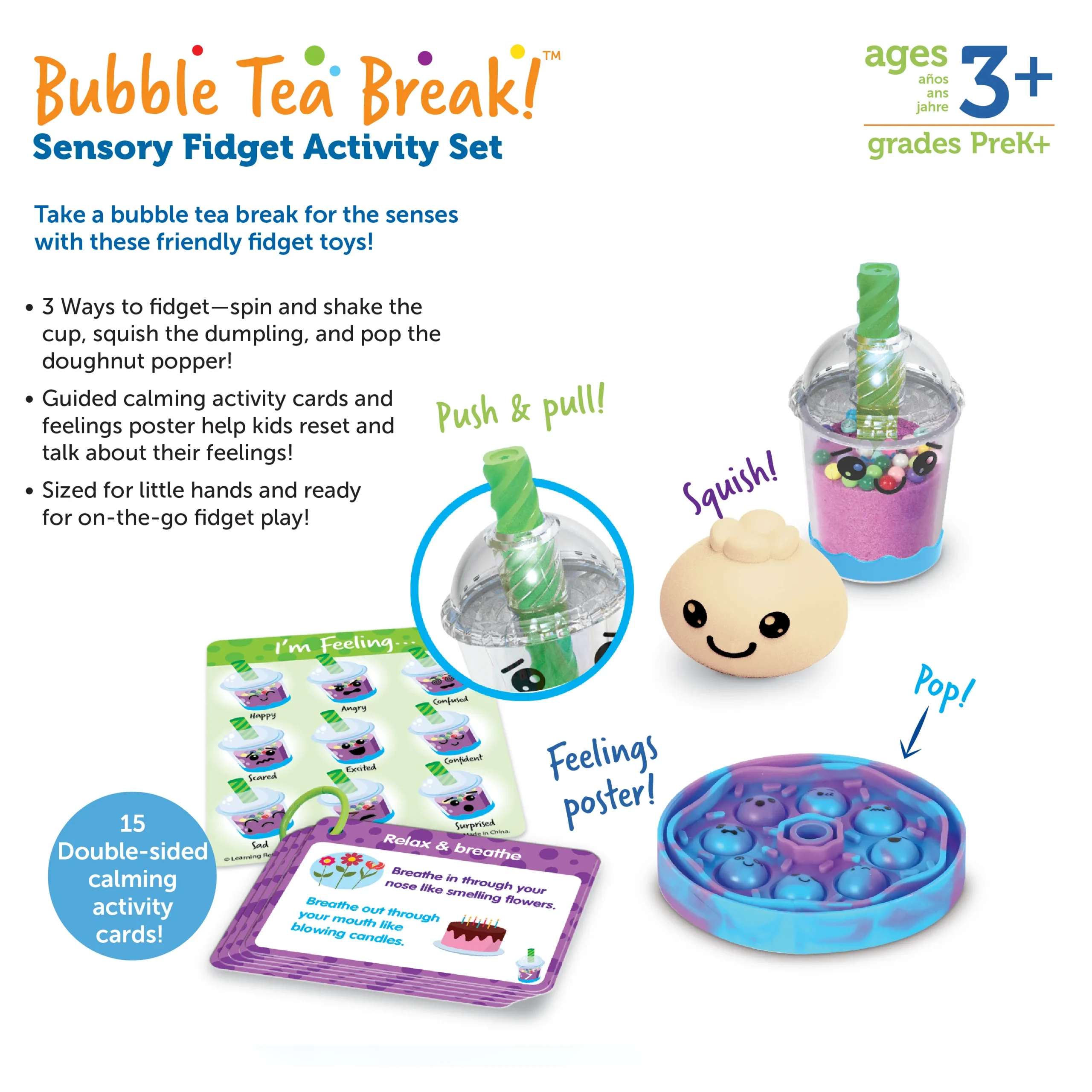 3 ways to fidget - spin and shake the cup, squish the dumpling and pop the doughnut popper. includes calming activity cards and feeling poster