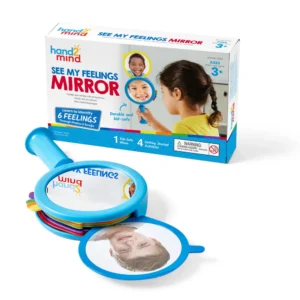 plastic blue mirror with popout faces that show different emotions