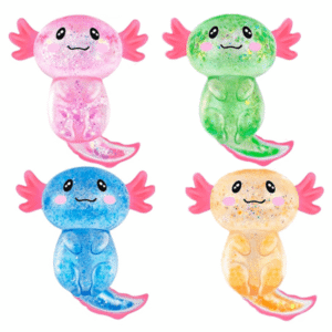 4 axolotls in pink, green, blue and yellow