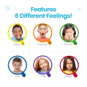 features happy, surprised, scared, sad, silly and angry emotions with corresponding pictures