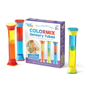 3 tubes with two different colors of liquid inside, shown with box