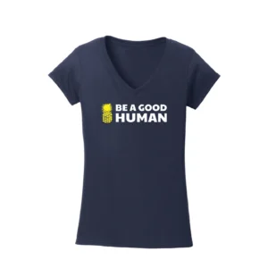 navy v-neck tee that says "be a good human" in white sans serif font with a yellow pineapple