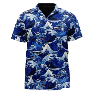 hawaiian print button up shirt with blue cresting waves and blue dragon