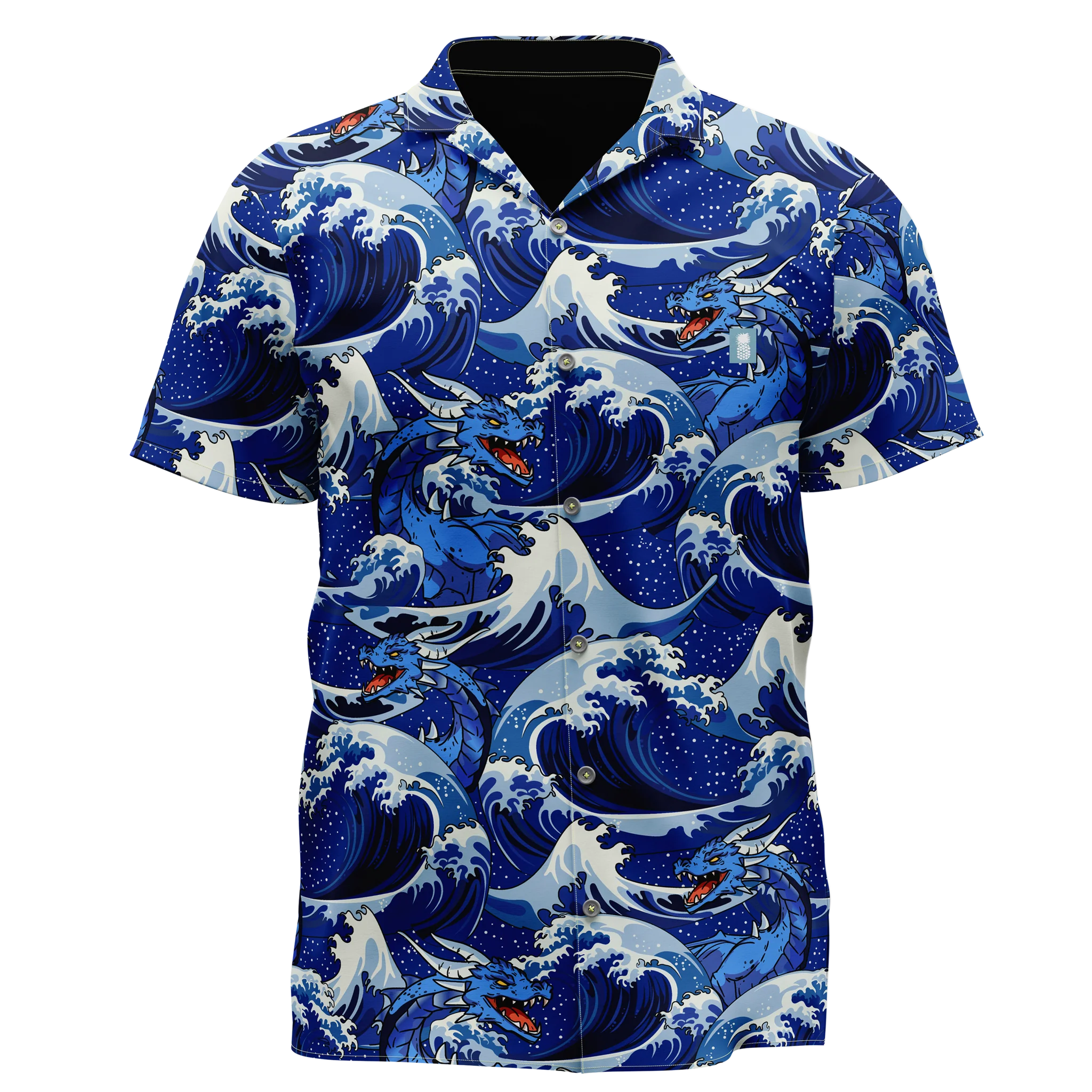 hawaiian print button up shirt with blue cresting waves and blue dragon