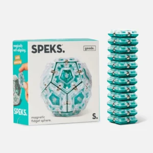 box with sphere assembled next to unassembled pieces that are stacked