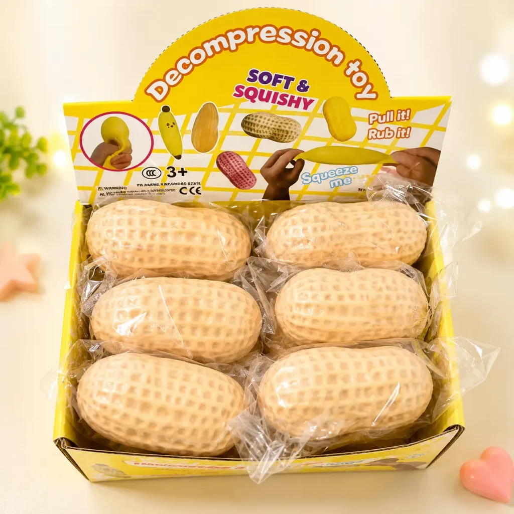 display box with individually wrapped peanut shell shaped squishy toys